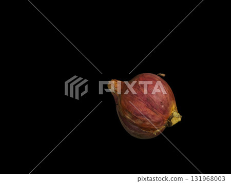 Single shallot on a stark black background. Ideal for culinary, spice, cooking, food, and ingredient themes. Isolated bulb with roots. 131968003