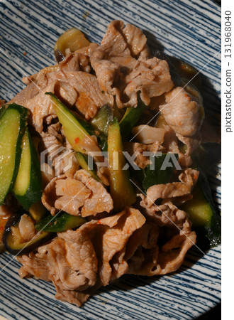 Spicy stir-fried pork, eggplant and cucumber with miso 131968040