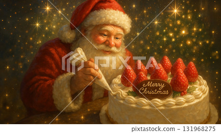 Illustration of Santa Claus decorating a strawberry Christmas cake 131968275