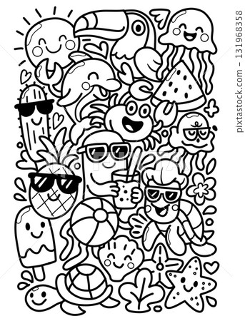 Summer doodle monster pineapple turtle jellyfish watermelon happy sunglasses beach Summer doodle monster pineapple turtle jellyfish watermelon happy sunglasses beach 131968358