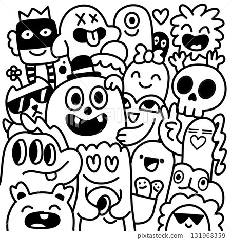 Playful doodle monster group, black and white, cartoon style, happy, cute, expressive faces Playful doodle monster group, black and white, cartoon style, happy, cute, expressive faces 131968359