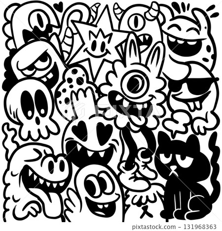 Playful monster doodle cartoon black and white cat skull happy fun quirky cute 131968363
