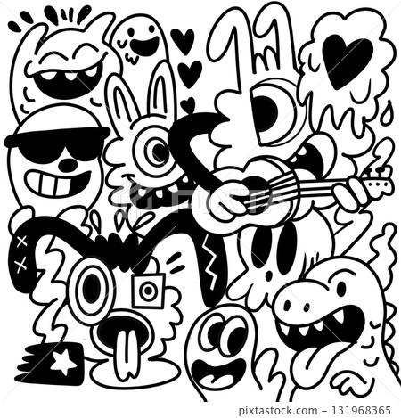 Doodle monster cartoon black and white guitar happy playful fun expressive group 131968365