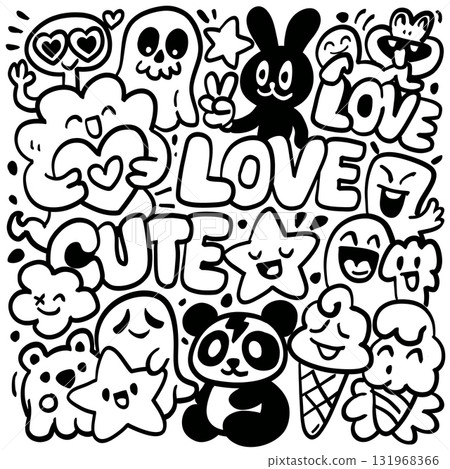 Cute doodle monster love star panda ice cream cloud ghost happy cartoon black and white 131968366