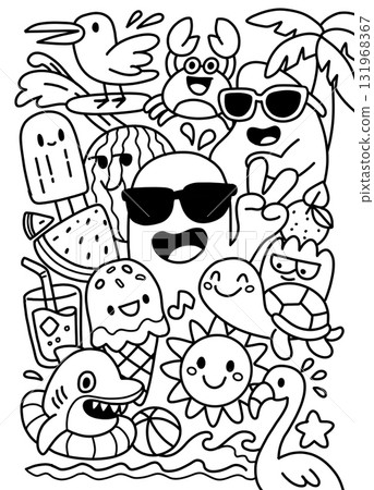 Summer doodle monster black and white sunglasses ice cream happy beach Summer doodle monster black and white sunglasses ice cream happy beach 131968367