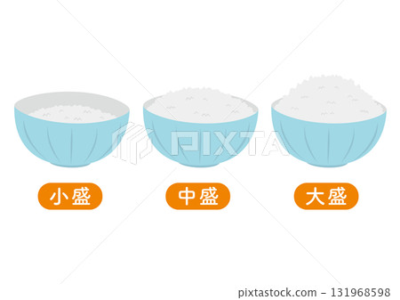 A set of illustrations of various sizes of white rice served in blue bowls A set of illustrations of various sizes of white rice served in blue bowls 131968598