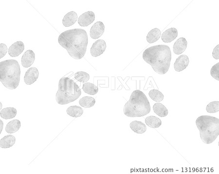 Watercolor seamless border with soft gray paw prints in gentle style. Minimal and elegant design for pet fabrics, vet clinics, wrapping paper, or creative dog themed crafts. 131968716