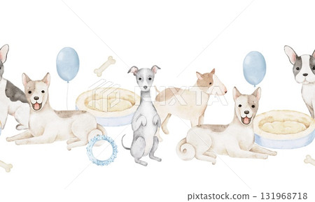 Watercolor border with French bulldog, greyhound, dachshund bull terrier surrounded by bones, bowls toys. Hand painted artwork for fabric printing, nursery decoration, wrapping pet lover gifts 131968718