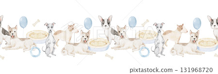 Watercolor border with French bulldog, greyhound, dachshund bull terrier surrounded by bones, bowls toys. Hand painted artwork for fabric printing, nursery decoration, wrapping pet lover gifts Watercolor border with French bulldog, greyhound, dachshund bull terrier surrounded by bones, bowls toys. Hand painted artwork for fabric printing, nursery decoration, wrapping pet lover gifts 131968720