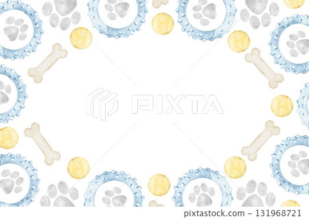 Watercolor rectangular frame with dog toys, bones, and rings in blue and yellow tones forming a decorative border. Perfect for pet shop branding, cards, invitations, and cute packaging designs 131968721