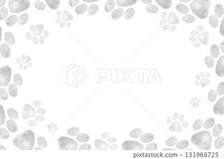 Watercolor frame with gray paw prints arranged around soft edges. Ideal for pet shop branding, greeting cards, packaging design, and animal themed decorations. 131968725