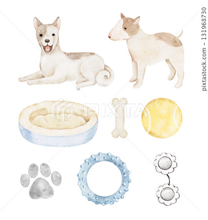 Watercolor dog set with Laika husky dog and Bull Terrier painted by hand in soft tones with pet bed, bone, toy ring, ball, and paw print. Perfect for fabric prints, cards, packaging, home decoration 131968730