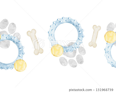 Watercolor seamless border with playful dog toys, bones, paw prints and rings in soft pastel colors. Perfect for fabric prints, wrapping designs, stationery, and pet themed decoration. Watercolor seamless border with playful dog toys, bones, paw prints and rings in soft pastel colors. Perfect for fabric prints, wrapping designs, stationery, and pet themed decoration. 131968739