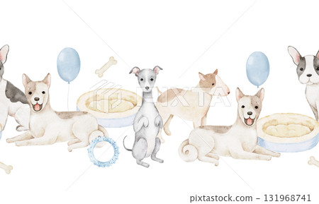 Watercolor border with French bulldog, greyhound, dachshund bull terrier surrounded by bones, bowls toys. Hand painted artwork for fabric printing, nursery decoration, wrapping pet lover gifts Watercolor border with French bulldog, greyhound, dachshund bull terrier surrounded by bones, bowls toys. Hand painted artwork for fabric printing, nursery decoration, wrapping pet lover gifts 131968741
