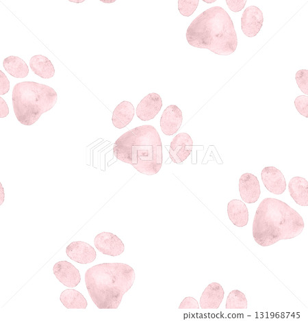 Seamless watercolor pattern with pink paw prints in a soft hand painted style. Perfect for baby fabrics, pet products, wrapping paper, and animal themed creative designs. Seamless watercolor pattern with pink paw prints in a soft hand painted style. Perfect for baby fabrics, pet products, wrapping paper, and animal themed creative designs. 131968745