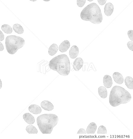 Seamless watercolor pattern with soft gray paw prints in a delicate and minimal style. Great for textile prints, wrapping paper, stationery, and pet themed crafts. Seamless watercolor pattern with soft gray paw prints in a delicate and minimal style. Great for textile prints, wrapping paper, stationery, and pet themed crafts. 131968746
