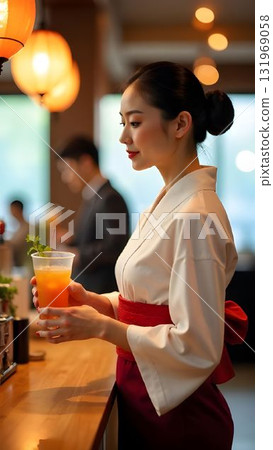 A woman dressed in a vibrant red kimono stands at a bar, holding a refreshing drink. Lanterns illuminate the lively atmosphere of this contemporary dining space. A woman dressed in a vibrant red kimono stands at a bar, holding a refreshing drink. Lanterns illuminate the lively atmosphere of this contemporary dining space. 131969058