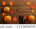 Flat lay of Halloween items and gift boxes Autumn decorations and seasonal background 131969059