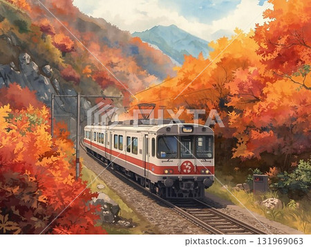 秋葉環繞的鐵路景觀插圖 131969063