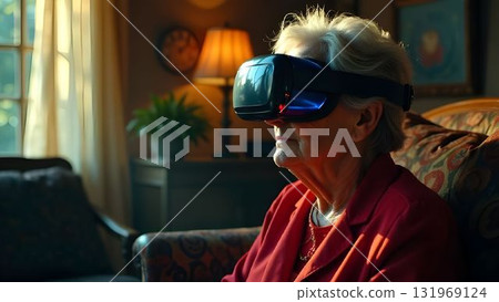 Woman in the Virtual Reality Mask in the Modern Future of Innovation 131969124