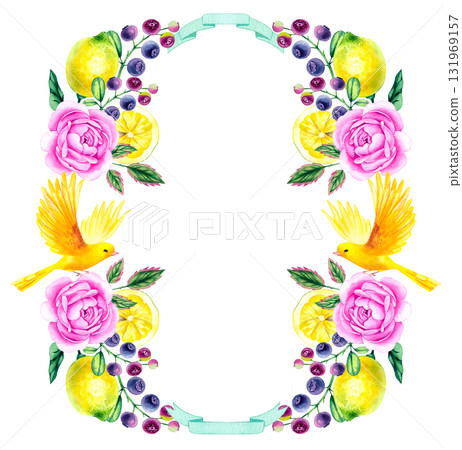 Watercolor hand painted floral wreath with ribbon banner and two yellow birds 131969157