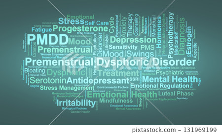 Premenstrual Dysphoric Disorder Word Cloud. Key Concepts On Hormones, Mood, Anxiety, Depression, Symptoms, And Treatment Of Severe Premenstrual Syndrome. Premenstrual Dysphoric Disorder Word Cloud. Key Concepts On Hormones, Mood, Anxiety, Depression, Symptoms, And Treatment Of Severe Premenstrual Syndrome. 131969199