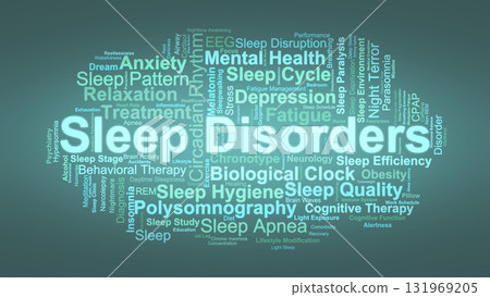 Sleep Disorders Word Cloud. Key Concepts On Insomnia, Apnea, Fatigue, And Circadian Rhythm. 131969205
