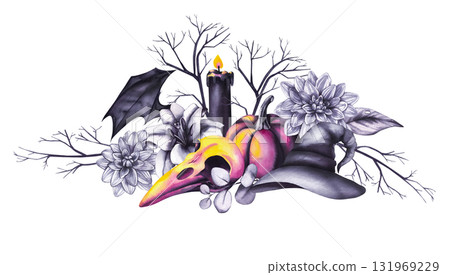 Halloween illustration featuring pumpkins, skulls, flowers, and spooky autumn elements Halloween illustration featuring pumpkins, skulls, flowers, and spooky autumn elements 131969229