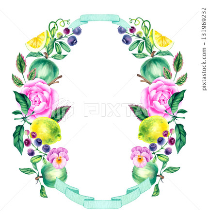 Watercolor hand painted floral wreath with ribbon banner Watercolor hand painted floral wreath with ribbon banner 131969232