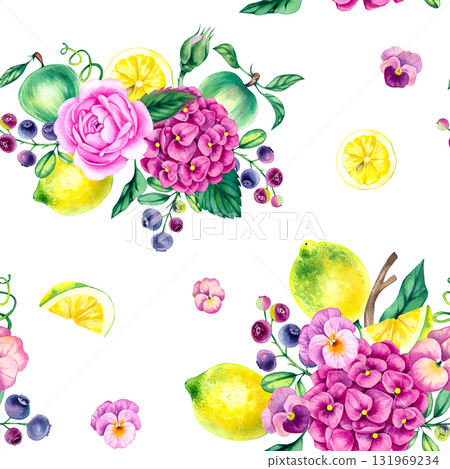 Seamless watercolor pattern with roses, hydrangeas, apples, lemons and blueberries surrounded by greenery Seamless watercolor pattern with roses, hydrangeas, apples, lemons and blueberries surrounded by greenery 131969234