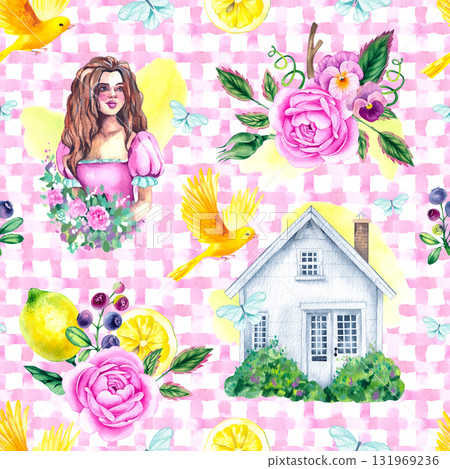 Seamless watercolor pattern with a summer house, a girl, roses, hydrangeas, apples, lemons and blueberries surrounded by greenery Seamless watercolor pattern with a summer house, a girl, roses, hydrangeas, apples, lemons and blueberries surrounded by greenery 131969236