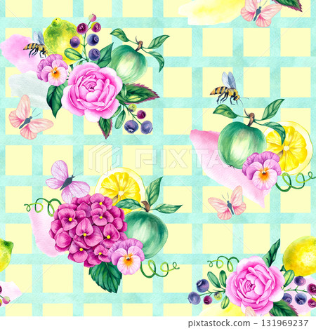 Seamless watercolor pattern with roses, hydrangeas, apples, lemons and blueberries surrounded by greenery Seamless watercolor pattern with roses, hydrangeas, apples, lemons and blueberries surrounded by greenery 131969237