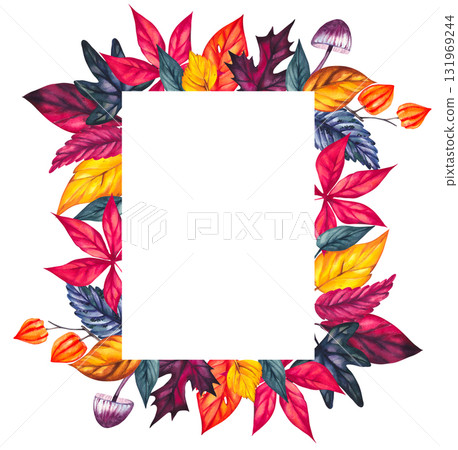 Autumn watercolor frame with leaves, flowers, pumpkins, mushrooms, and berries 131969244