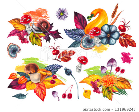 Autumn watercolor set with leaves, flowers, pumpkins, mushrooms and berries 131969245