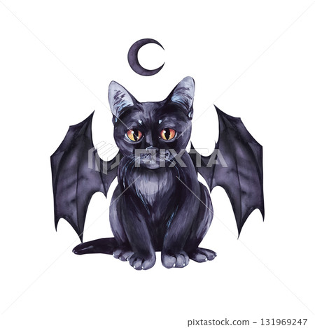 Halloween illustration featuring a cat, bat wings, and a moon with spooky autumn elements Halloween illustration featuring a cat, bat wings, and a moon with spooky autumn elements 131969247