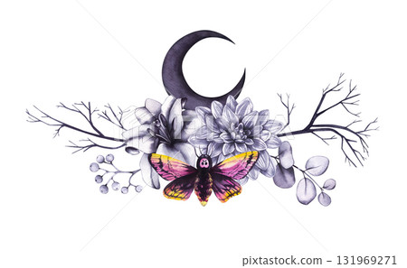 Halloween illustration featuring a butterfly, moon, flowers, and spooky autumn elements Halloween illustration featuring a butterfly, moon, flowers, and spooky autumn elements 131969271