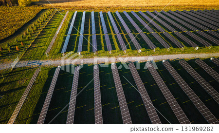 Aerial view of solar panel rows installed on green farmland generating renewable electricity in morning sunlight. Aerial view of solar panel rows installed on green farmland generating renewable electricity in morning sunlight. 131969282
