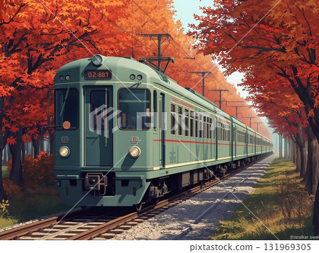 一輛綠松石色的火車穿過秋葉的插圖 131969305