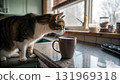 A tabby cat sniffs at a mug on a kitchen counter, with a bright window and jars in the 131969318