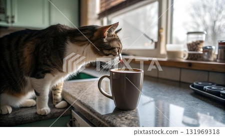 A tabby cat sniffs at a mug on a kitchen counter, with a bright window and jars in the A tabby cat sniffs at a mug on a kitchen counter, with a bright window and jars in the 131969318