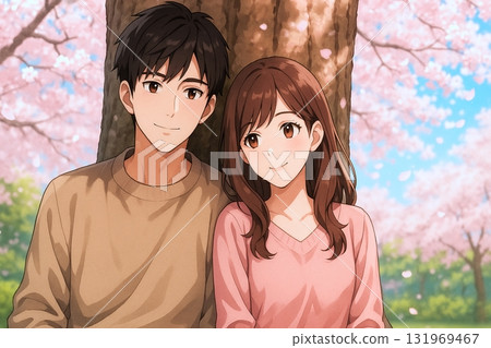 櫻花樹下微笑的兩個人 131969467