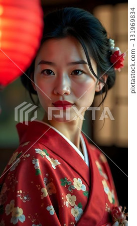 Traditional Japanese women in vibrant kimonos stroll through a cultural festival 131969834