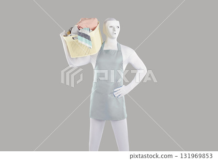 Man or android robot in white bodysuit and mask helping with housework and doing laundry 131969853