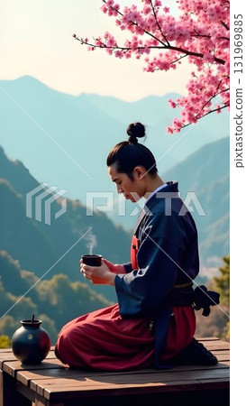 A man samurai wearing traditional attire sits peacefully in a serene mountainous area, savoring tea while cherry blossoms bloom nearby. The tranquil scene captures a moment of reflection and nature's 131969885
