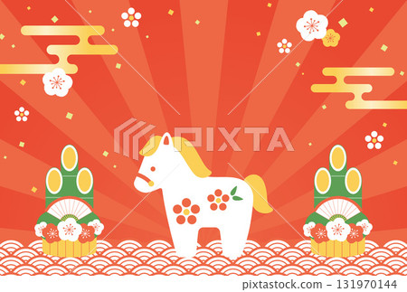 馬（馬年）雕像、日出和門松新年賀卡背景插圖 131970144