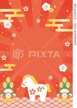 馬（馬年）雕像、日出和門松新年賀卡背景插圖 131970146