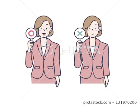Illustration of a woman in a suit holding a circle 131970200