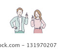 Illustration of a man and woman pointing and guiding 131970207