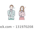 Illustration of a man and woman thinking with their arms folded 131970208