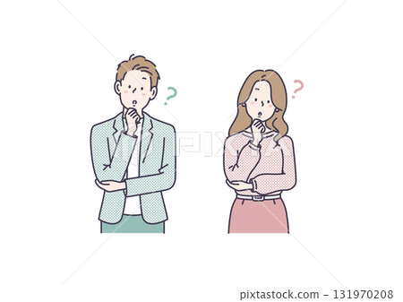 Illustration of a man and woman thinking with their arms folded Illustration of a man and woman thinking with their arms folded 131970208